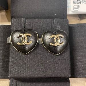 Brand new Chanel leather heart earrings with Light gold hardware from 22K
